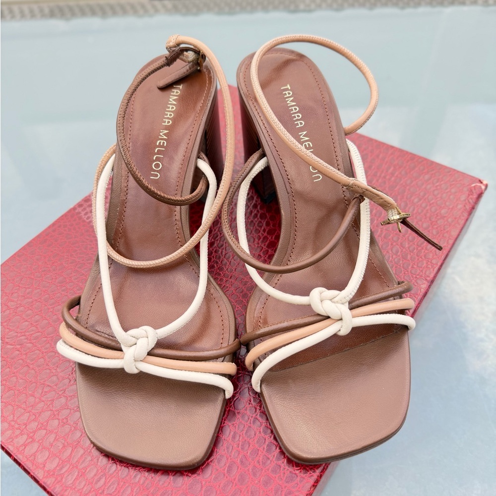 Tamara Mellon Brown and Cream Strappy Heels
